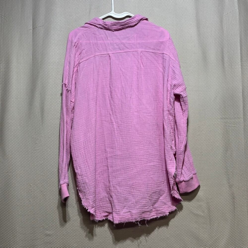 Pink Lily Lavender Gauze Button Down Shirt Raw Hem Oversized Boho Casual Small - Picture 9 of 9